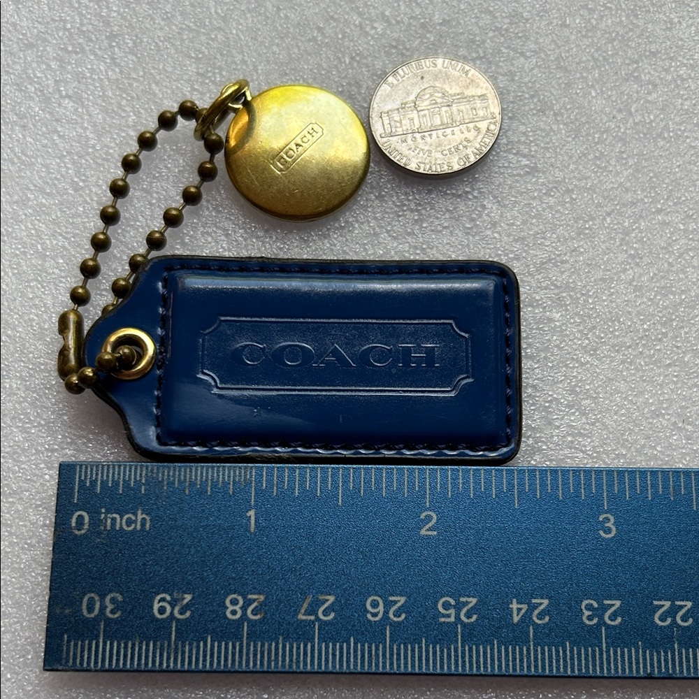 Coach Blue Leather Purse Fob Key Tag with Brass Disc Charm